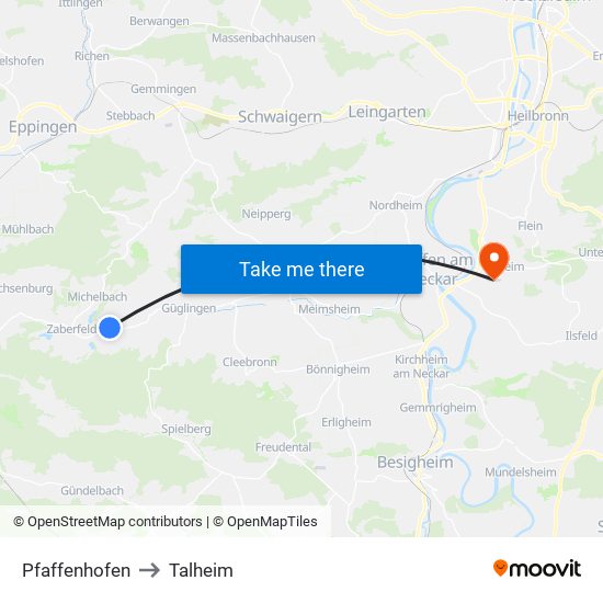 Pfaffenhofen to Talheim map