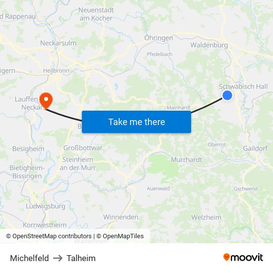 Michelfeld to Talheim map