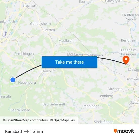Karlsbad to Tamm map