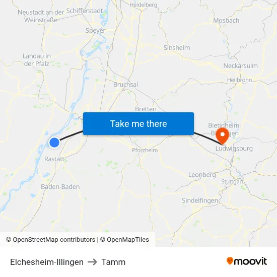 Elchesheim-Illingen to Tamm map