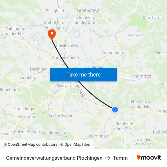 Gemeindeverwaltungsverband Plochingen to Tamm map