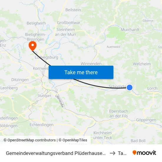 Gemeindeverwaltungsverband Plüderhausen-Urbach to Tamm map