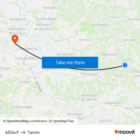 Alfdorf to Tamm map