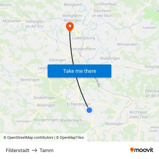 Filderstadt to Tamm map