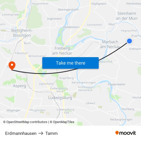 Erdmannhausen to Tamm map