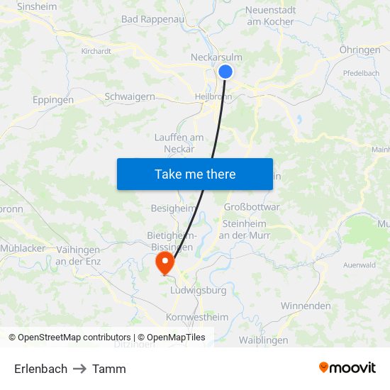 Erlenbach to Tamm map