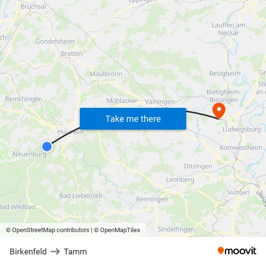 Birkenfeld to Tamm map