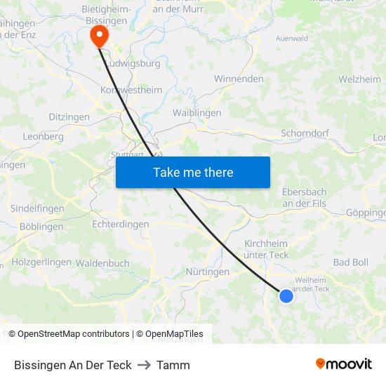 Bissingen An Der Teck to Tamm map