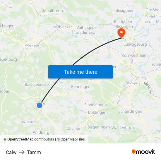 Calw to Tamm map