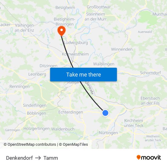 Denkendorf to Tamm map