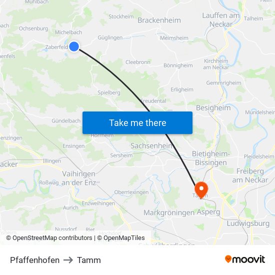 Pfaffenhofen to Tamm map