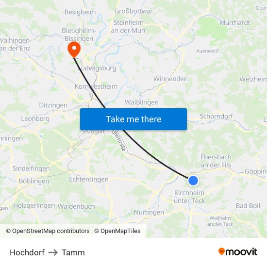 Hochdorf to Tamm map