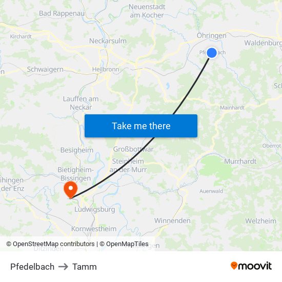 Pfedelbach to Tamm map