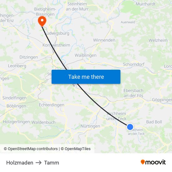 Holzmaden to Tamm map