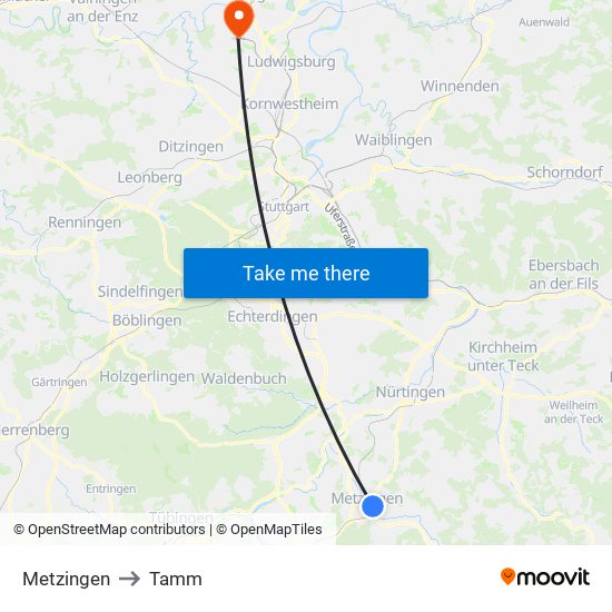 Metzingen to Tamm map