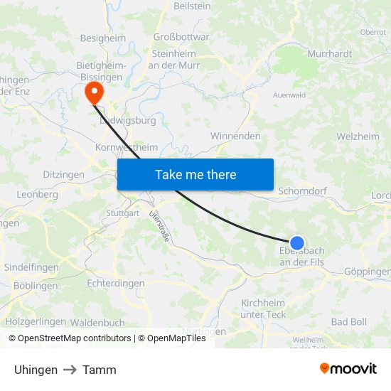 Uhingen to Tamm map