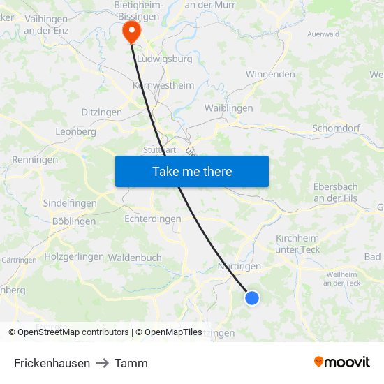 Frickenhausen to Tamm map