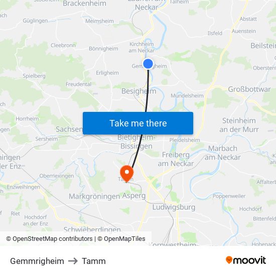 Gemmrigheim to Tamm map