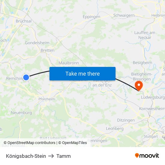 Königsbach-Stein to Tamm map
