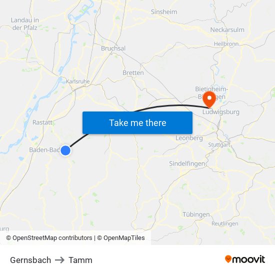 Gernsbach to Tamm map
