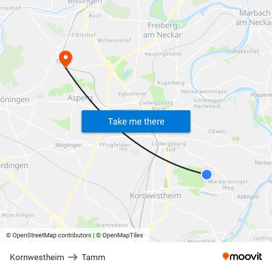 Kornwestheim to Tamm map