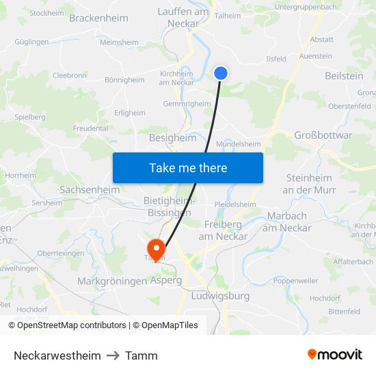 Neckarwestheim to Tamm map