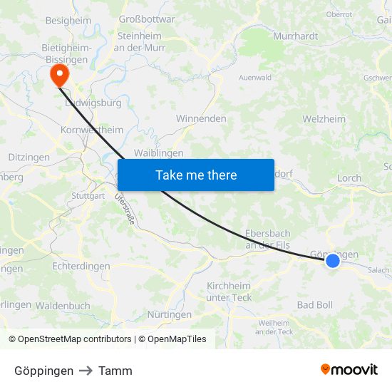 Göppingen to Tamm map