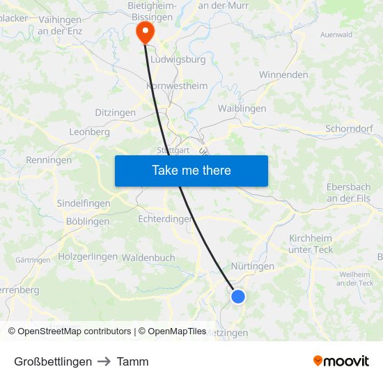 Großbettlingen to Tamm map