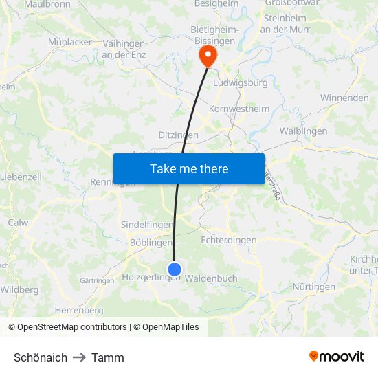 Schönaich to Tamm map