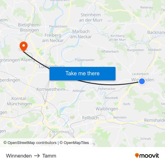 Winnenden to Tamm map