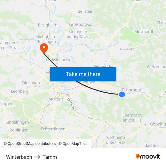 Winterbach to Tamm map