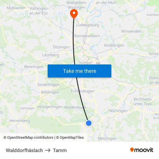 Walddorfhäslach to Tamm map
