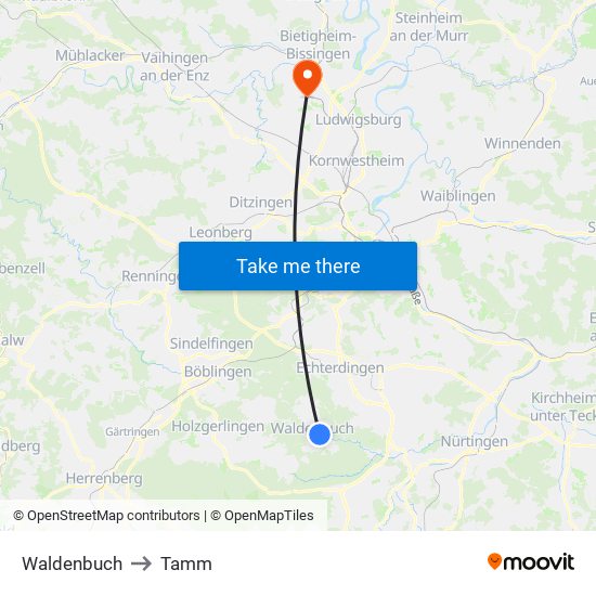 Waldenbuch to Tamm map