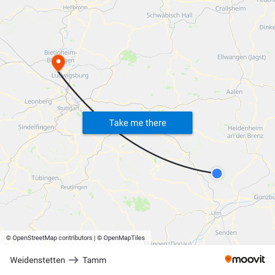 Weidenstetten to Tamm map