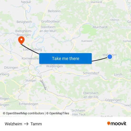 Welzheim to Tamm map