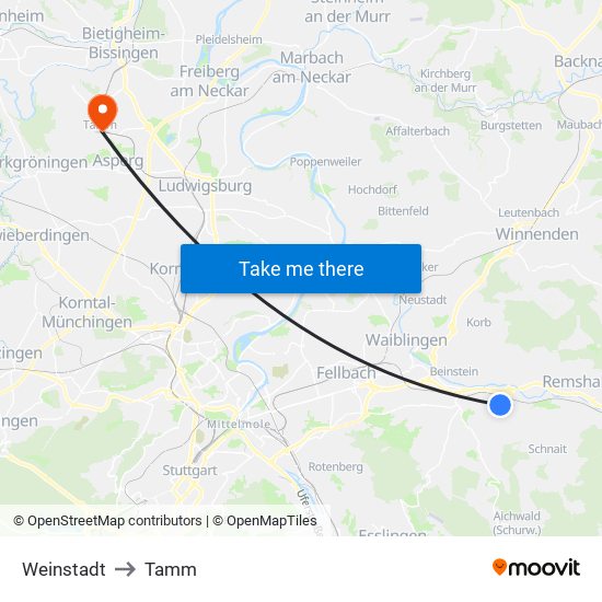 Weinstadt to Tamm map