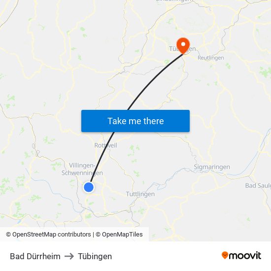 Bad Dürrheim to Tübingen map
