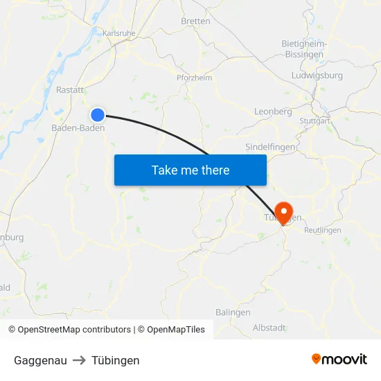Gaggenau to Tübingen map