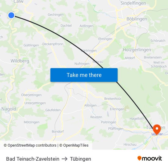 Bad Teinach-Zavelstein to Tübingen map