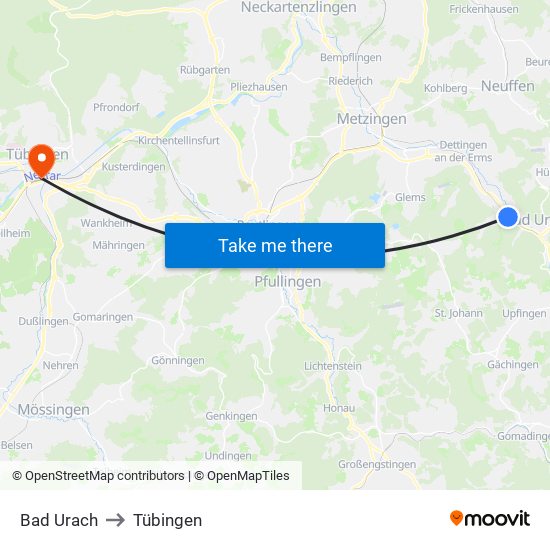 Bad Urach to Tübingen map