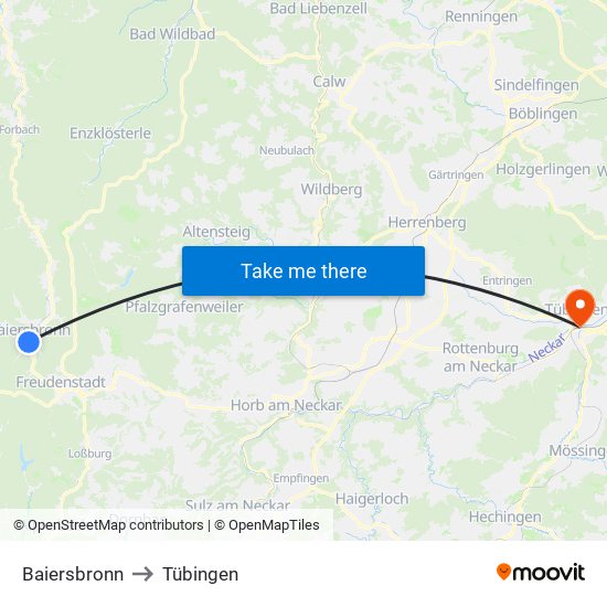 Baiersbronn to Tübingen map