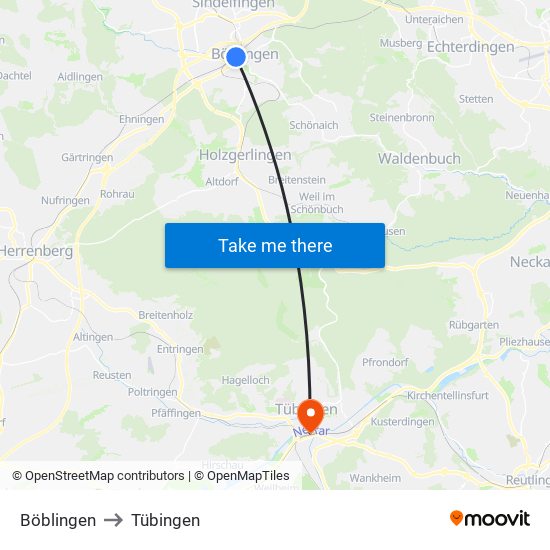 Böblingen to Tübingen map
