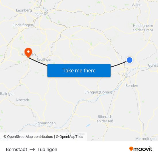 Bernstadt to Tübingen map