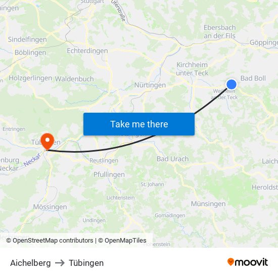 Aichelberg to Tübingen map
