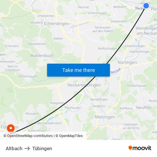 Altbach to Tübingen map