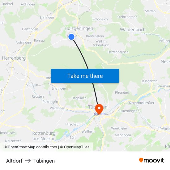 Altdorf to Tübingen map