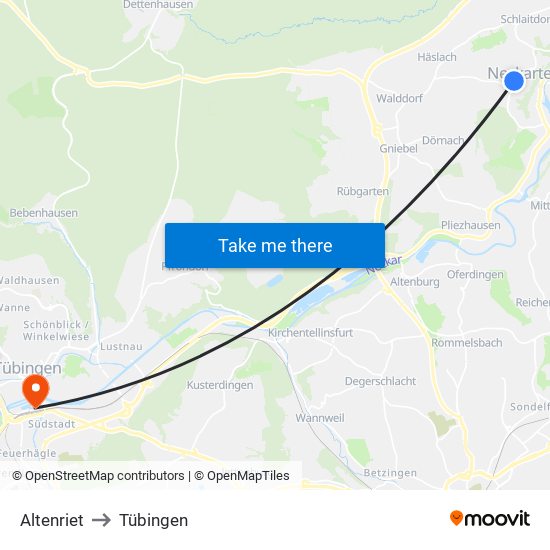 Altenriet to Tübingen map