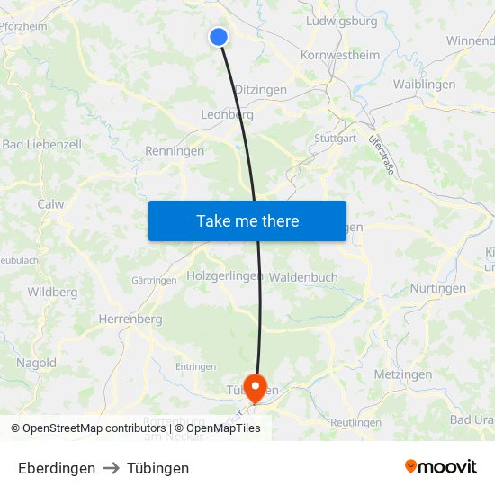 Eberdingen to Tübingen map