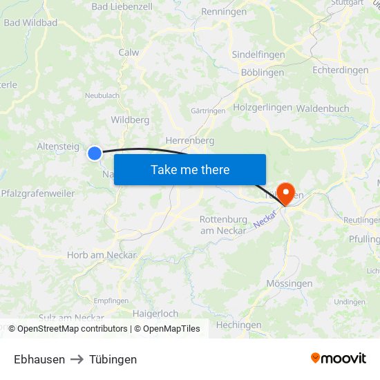 Ebhausen to Tübingen map