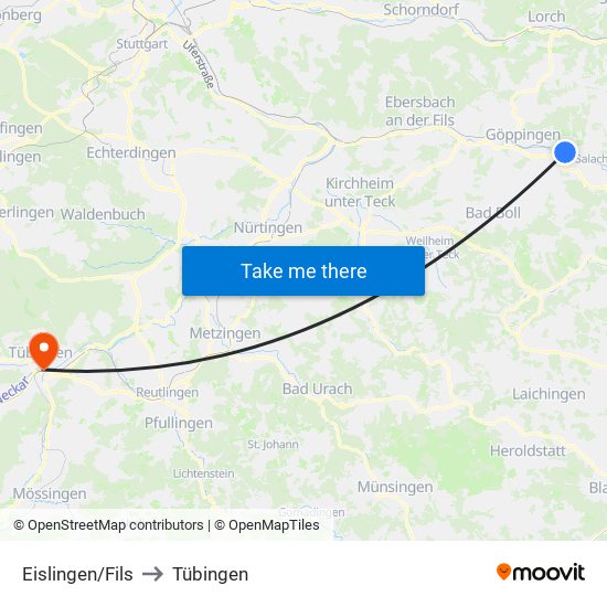 Eislingen/Fils to Tübingen map